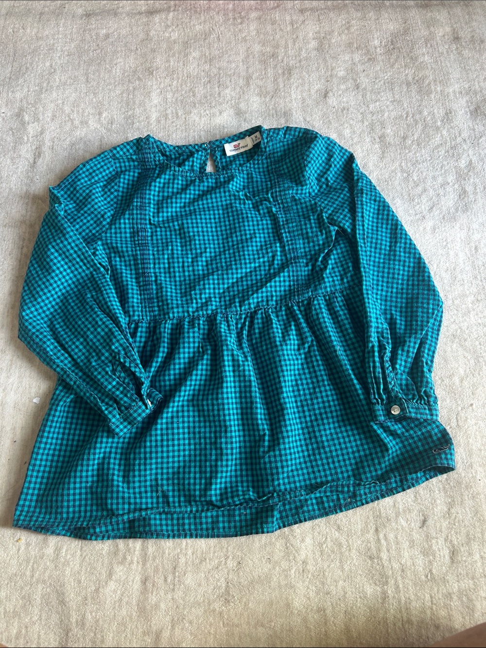 Vineyard Vines Girls' Teal and Navy Gingham Peasant Top